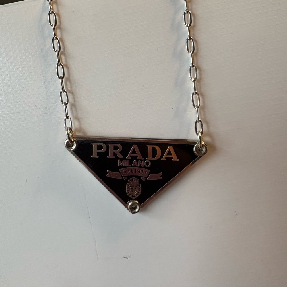 Prada Black and Silver Logo Pendant Necklace